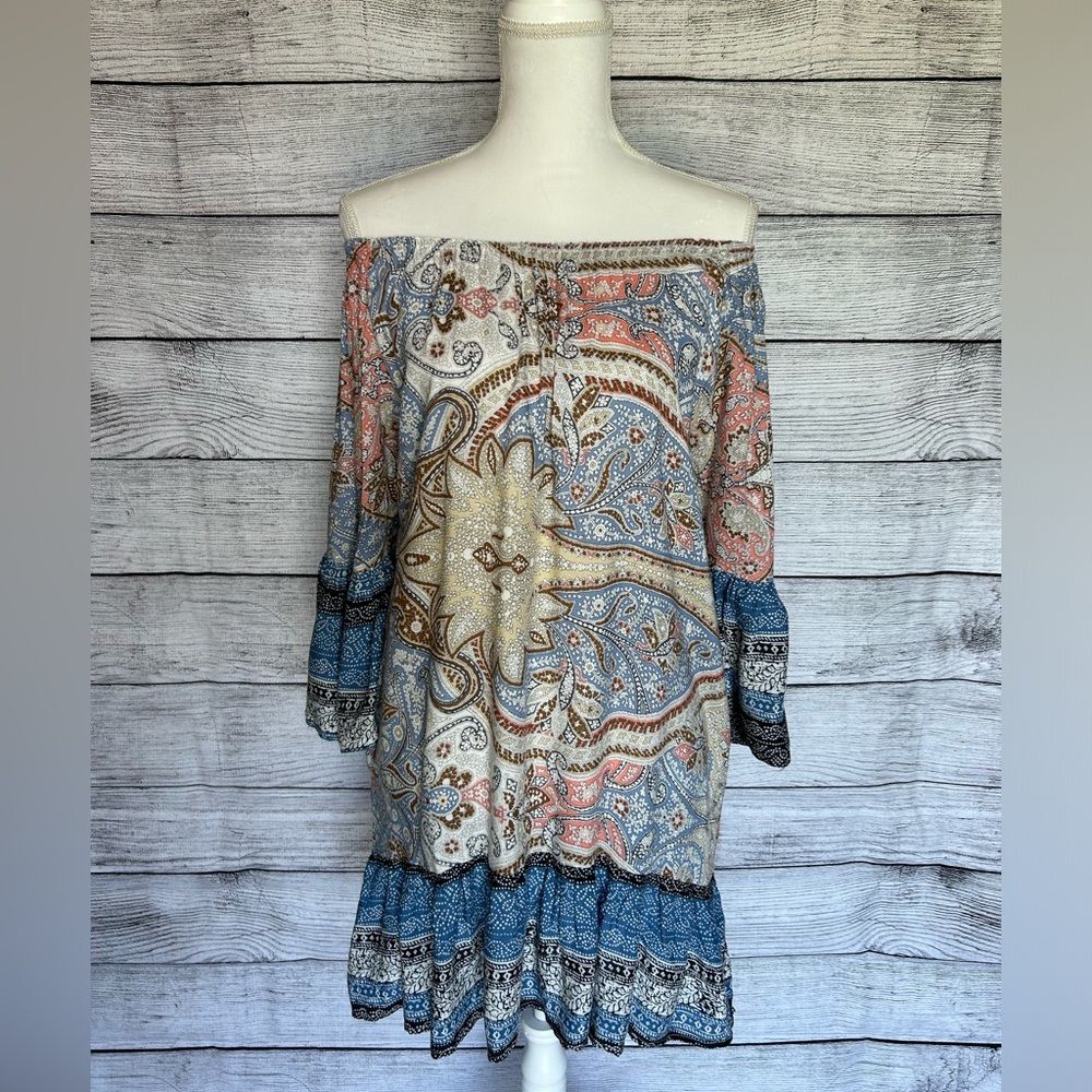 Umgee off the shoulder floral bandanna print ruffle tunic dress size medium